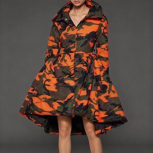 Orange Camo Puffer Coat - High Collar With Cinched Waist & Asymmetric Hem